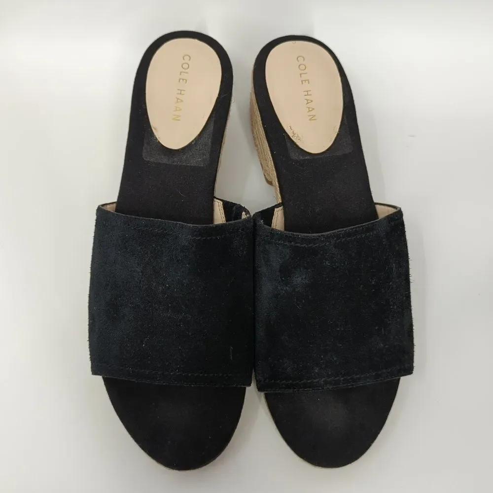 Cole Haan Giselle Espadrille Slide Sandals Black Suede Upper Woven High Heels 8B